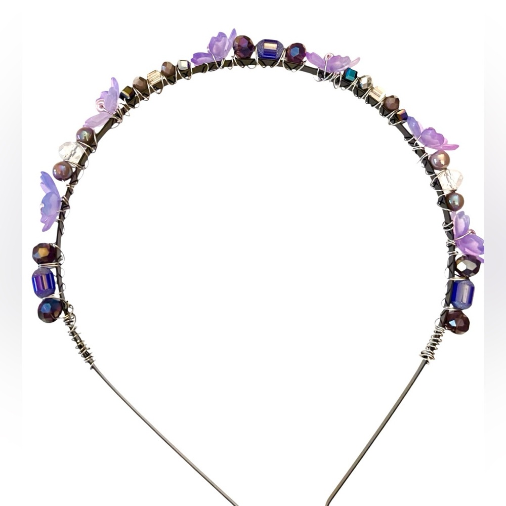 Fairy Headband with Lucite Flowers and Crystals Hand Wired onto Black Headband - Picture 6 of 6